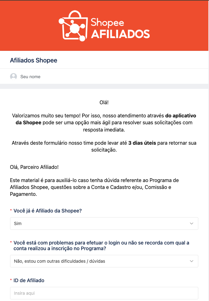 Formulário da Shopee com as três primeiras respostas preenchidas